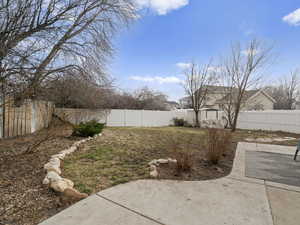 View of yard with a fenced backyard and a patio