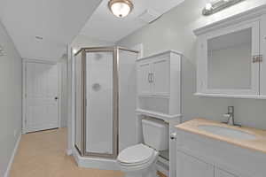 Bathroom featuring visible vents, a shower stall, toilet, and tile patterned floors