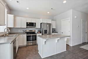 Kitchen with dark wood-style floors, appliances with stainless steel finishes, white cabinetry, and a sink