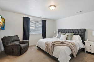 Bedroom featuring carpet floors, baseboards, and visible vents