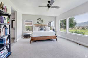 Bedroom featuring carpet floors, visible vents, a mountain view, and multiple windows