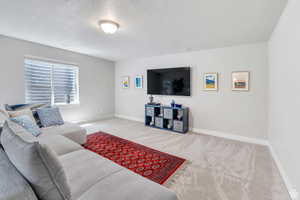 Carpeted living room featuring visible vents, baseboards, and a textured ceiling