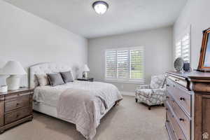 Bedroom with baseboards and light colored carpet