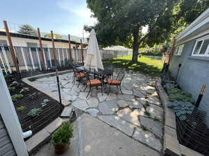 View of patio / terrace featuring a fenced backyard and outdoor dining area