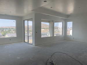 Unfurnished room featuring plenty of natural light, a textured ceiling, and a raised ceiling