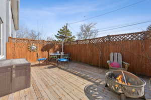 Wooden deck with outdoor dining space, fence, and a fire pit