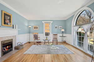 Living area featuring ornamental molding, a high end fireplace, and wood finished floors