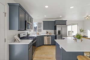 Kitchen featuring stainless steel appliances, light countertops, a sink, and light wood-style flooring