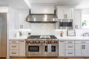 Kitchen with stainless steel appliances, wall chimney exhaust hood, backsplash, and white cabinetry