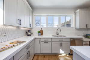 Kitchen featuring dishwasher, plenty of natural light, tasteful backsplash, and a sink