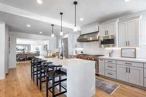 Kitchen featuring a kitchen bar, light wood finished floors, wall chimney exhaust hood, and high quality appliances