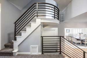 Staircase featuring baseboards, carpet flooring, and a high ceiling