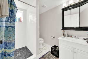 Full bathroom featuring a shower stall, toilet, and vanity