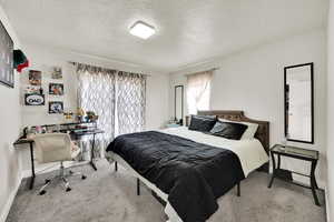 Carpeted bedroom featuring a textured ceiling