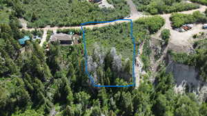 Aerial view featuring a wooded view