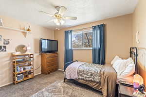 Bedroom featuring carpet flooring, ceiling fan, a textured ceiling, and baseboards