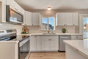 Kitchen with stainless steel appliances, a sink, and white cabinets