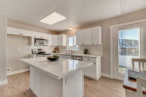 Kitchen featuring appliances with stainless steel finishes, white cabinetry, a sink, and backsplash