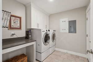 Clothes washing area featuring baseboards, washing machine and clothes dryer, cabinet space, and electric panel