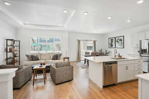 Kitchen featuring light wood finished floors, open floor plan, light countertops, stainless steel appliances, and a sink