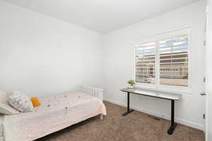 Carpeted bedroom featuring visible vents and baseboards