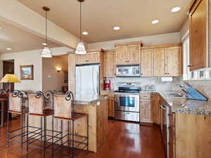 Kitchen with stainless steel appliances, light brown cabinets, dark wood finished floors, and tasteful backsplash