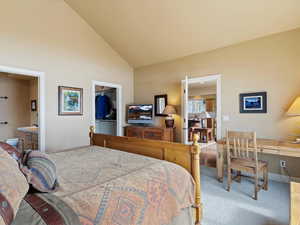 Bedroom with ensuite bathroom, high vaulted ceiling, a closet, carpet, and a walk in closet