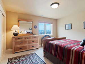 Bedroom featuring visible vents, light carpet, and baseboards