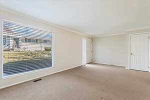 Spare room with baseboards, visible vents, crown molding, and carpet flooring