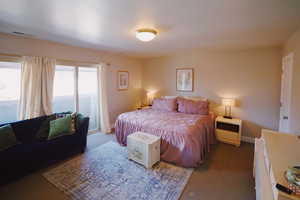 Carpeted bedroom with access to outside, visible vents, and baseboards