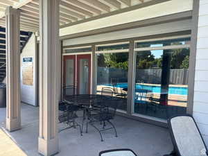 View of patio / terrace featuring a fenced in pool, outdoor dining area, and fence