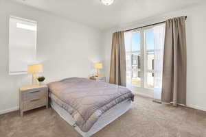 Bedroom featuring carpet floors, multiple windows