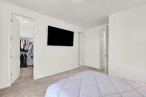 Carpeted bedroom with a walk in closet