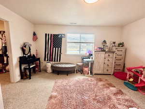 Carpeted bedroom with a walk in closet, a textured ceiling, and visible vents