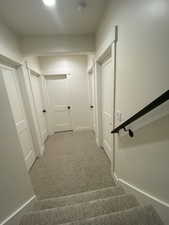 Stairway featuring carpet and baseboards