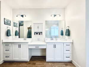 Bathroom with baseboards, wood finished floors, and vanity