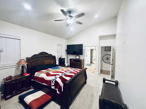 Bedroom with recessed lighting, high vaulted ceiling, ceiling fan, and carpet floors