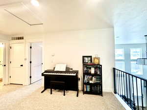 Living area featuring visible vents, a textured ceiling, baseboards, and carpet floors