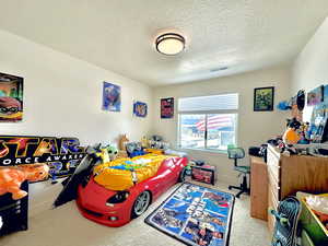 Bedroom with visible vents, carpet, and a textured ceiling