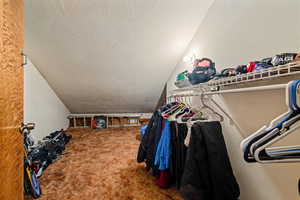 Spacious closet with vaulted ceiling and carpet flooring