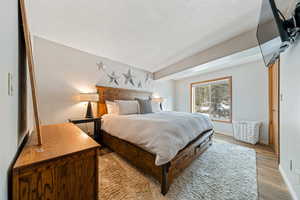 Bedroom featuring light wood finished floors, baseboards, and a textured ceiling