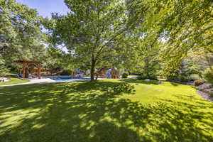 View of yard with an outdoor pool, a patio, a playground, and a pergola