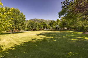 View of yard with a mountain view and fence