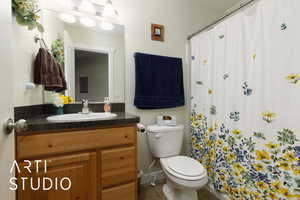 Full bath with a shower with shower curtain, vanity, and toilet