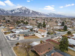 Drone / aerial view with a residential view and a mountain view