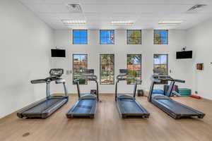 Workout area featuring visible vents, a wealth of natural light, and wood finished floors