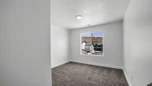 Carpeted empty room with visible vents, baseboards, and a textured ceiling