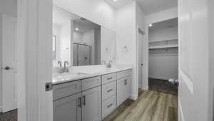 Bathroom featuring double vanity, wood finished floors, a sink, and a shower stall