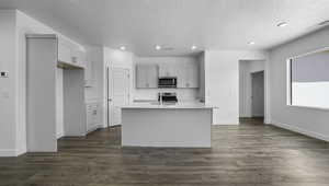 Kitchen featuring a kitchen island with sink, recessed lighting, stainless steel appliances, light countertops, and dark wood-style floors