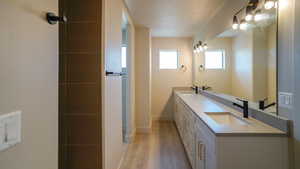 Bathroom with wood finished floors, a sink, baseboards, and double vanity